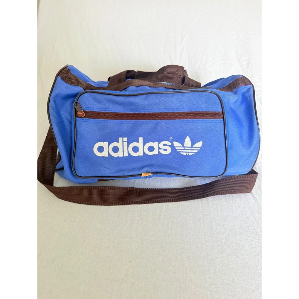 Vintage Adidas Duffel Bag Set Blue Brown Trefoil Gym Travel 2pc Bundle 80s Gorp